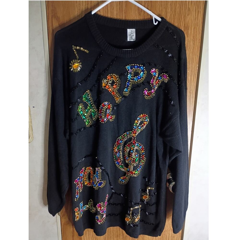 Vintage Black Beaded Music Note Sweater Medium Jeweled Wearable Art Ramie Cotton